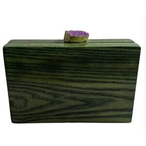 Ashlyn'd Clutch Green Wood with Purple Rock Clasp Mirrored  Cottagecore Boho NEW
